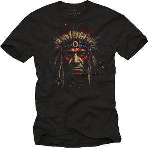 MAKAYA Print-Shirt Herren Vintage Native American Indian Häuptling mit Federn (Schwarz, S, M, L, XL, XXL, 3XL, 4XL, 5XL) Baumwolle