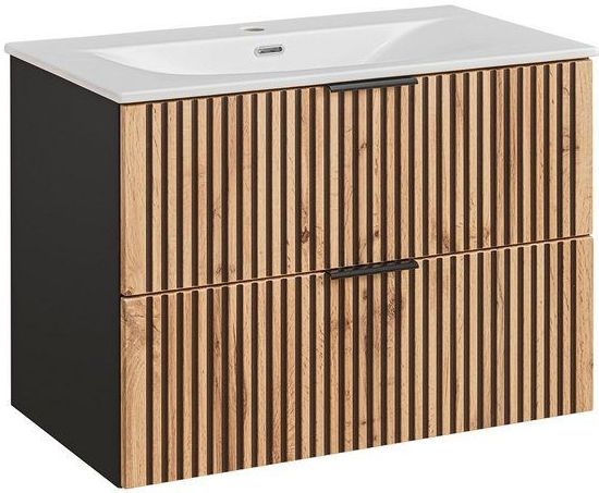 Lomadox Waschtisch XANTEN-56, 80 cm in anthrazit mit Eiche Nb. schwarz gerillt