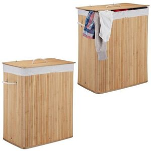 relaxdays Wäschesortierer 2 x Wäschekorb Bambus 2 Fächer natur