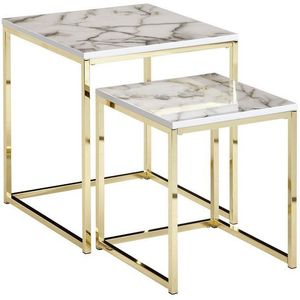 FINEBUY Satztisch FB24018 (2er Set Weiß Marmor Optik Eckig, Beistelltisch), Couchtisch 2-teilig, Anstelltisch Modern Klein