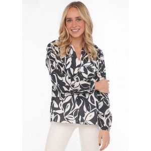 Zwillingsherz Shirtbluse "Blätter Zweifarbig" mit Blätter-Motiv und neonfarbiger Kante am Halsausschnitt