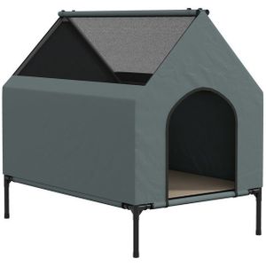 PawHut Hundehütte mit Mesh-Fenster, mit abnehmbarem Deckel, erhöhtes Hundebett, für Garten, Balkon, Grau