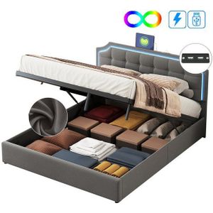 FUROKOY Polsterbett Boxspringbett Doppelbett LED Licht, 160x200 cm,mit Stauraum und 2 USB Ladefunktion,Samt,Grau