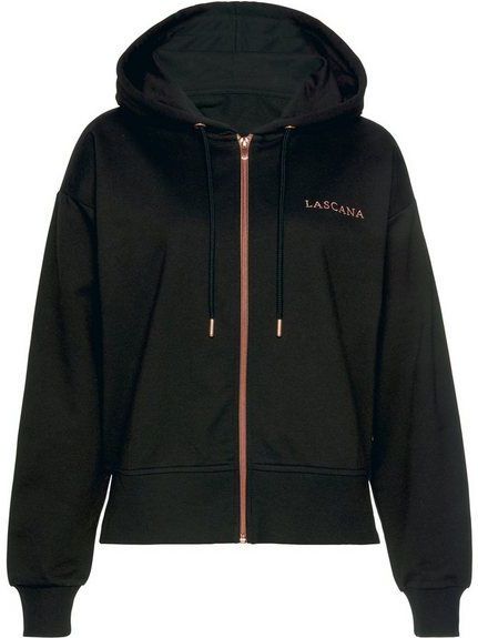 LASCANA Kapuzensweatjacke mit kupferfarbenen Reißverschluss und Logostickerei, Loungewear