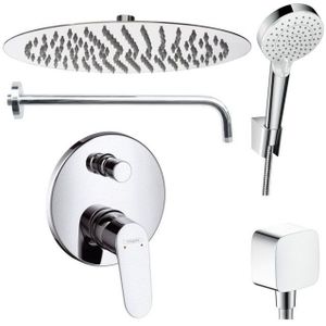 Hansgrohe und Jowi Duscharmatur Focus Unterputz Duschsystem, Regendusche runde Kopfbrause 300mm (Unterputz-Duschsystem, Set) Kopfbrause und Brausearm aus Edelstahl