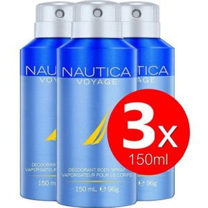 NAUTICA Deo-Spray Nautica Voyage Deo Spray Set 150ml Bodyspray Beauty Deodorant 150ml -, Deospray Schutz vor Körpergerüche und Achselnässe Deo-Spray kühle frische Antitranspirant Schutz für Achseln Herren Männer, 3-tlg., 24 Stunden Schutz aromatisch frischer Herrenduft Duftspray