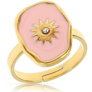 Made by Nami Fingerring Goldener Boho Ring mit türkisem/rosa Edelstein mit Sonne im Zentrum, goldumrandet Damen Schmuck Größenverstellbar & Wasserfest