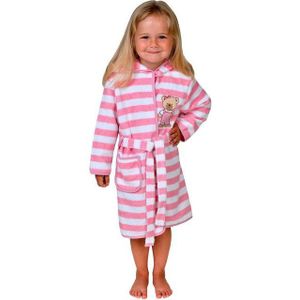 Wörner Kinderbademantel Teddy Ringel rosa, Langform, Baumwoll-Webfrottier, Kapuze, Gürtel, mit Stickerei
