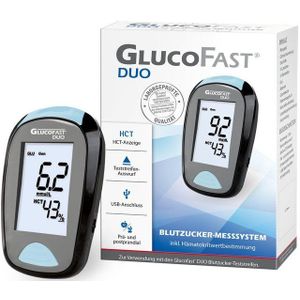 GLUCOFAST Blutzuckermessgerät DUO Maßeinheit in MG, Starterset, Ink. 10 Tetsteifen, 10 Lanzetten und Lanzettiergerät, Blutzucker und Hämatokritwert mit einer Messung bestimmen
