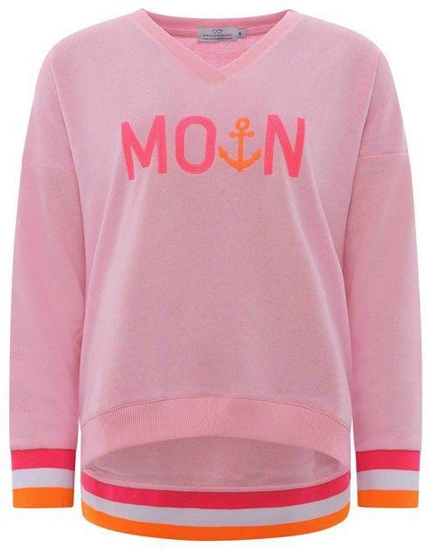 Zwillingsherz Sweatshirt mit V-Ausschnitt und aufgesticktem "Moin" in Neonfarben