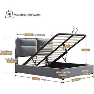 Ulife Boxspringbett Grau Polsterbett hydraulisch Doppelbett Funktionsbett 140x200cm Samt, mit Lattenrost, verstellbarem Kopfteil