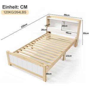 BlingBin Einzelbett Jugendbett Holzbett (1-tlg., Holzbett mit Stauraum-Kopfteil, 90 x 200 cm), Kinderbett Jugendbett Kiefer massiv Natürlich und Weiß