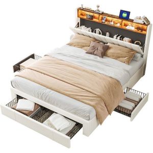FUROKOY Polsterbett Doppelbett,Funktionsbett Stauraumbett mit LED-Licht, 160x200 cm, ausziehbare Bettkästen, Beige