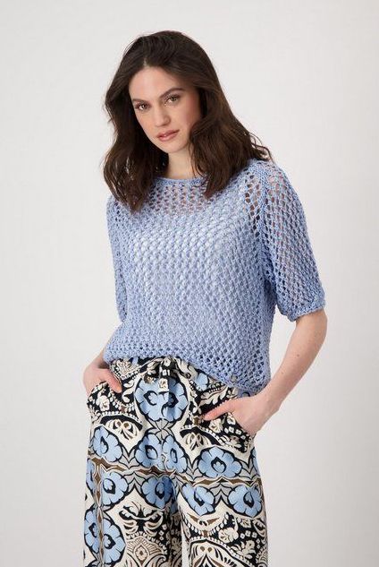 Monari Strickpullover Pullover Ajour Bändchen Mit U-Boot-Ausschnitt