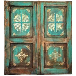 Antiek Wandpaneel / Oude Houten Deur In Turquoise Blauw Met Goud Patronen. - Tweedehands - Reliving