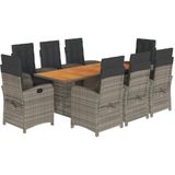 vidaXL 9-tlg. Garten-Essgruppe mit Kissen Grau Poly Rattan