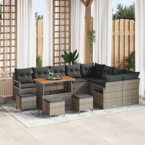 vidaXL 13-teiliges Garten-Sofa-Set mit Kissen Grau Poly Rattan Akazie,  4-teiliges Garten-Dining-Set mit Kissen Grau Poly Rattan Akazie,  2-Sitzer Garten-Sofa mit Kissen Grau Poly Rattan