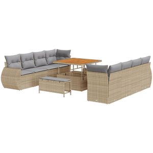 vidaXL 11-teiliges Garten-Sofa-Set mit Kissen Beige Poly-Rattan Akazie,  3-teiliges Garten-Dining-Set mit Kissen Beige Poly-Rattan Akazie