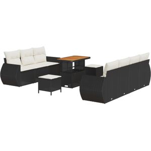 vidaXL 10-teiliges Garten-Sofa-Set mit Kissen Schwarz Poly-Rattan Akazie,  3-teiliges Garten-Ess-Set mit Kissen Schwarz Poly-Rattan Akazie