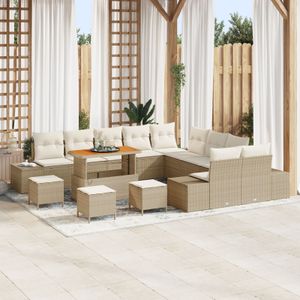 vidaXL 14-teilige Garten Sofa Set mit Kissen Beige Poly Rattan Akazie,  2-Sitzer Garten Sofa mit Kissen Beige Poly Rattan,  4-teiliges Garten Essgruppe mit Kissen Beige Poly Rattan Akazie