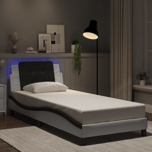 vidaXL Bettgestell mit LED Weiß und Schwarz 90x200 cm Kunstleder