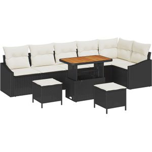 vidaXL 9-teiliges Garten-Sofa-Set mit Kissen Schwarz Poly-Rattan Akazie,  2-Sitzer Garten-Sofa mit Kissen Schwarz Poly-Rattan,  3-teiliges Garten-Ess-Set mit Kissen Schwarz Poly-Rattan Akazie