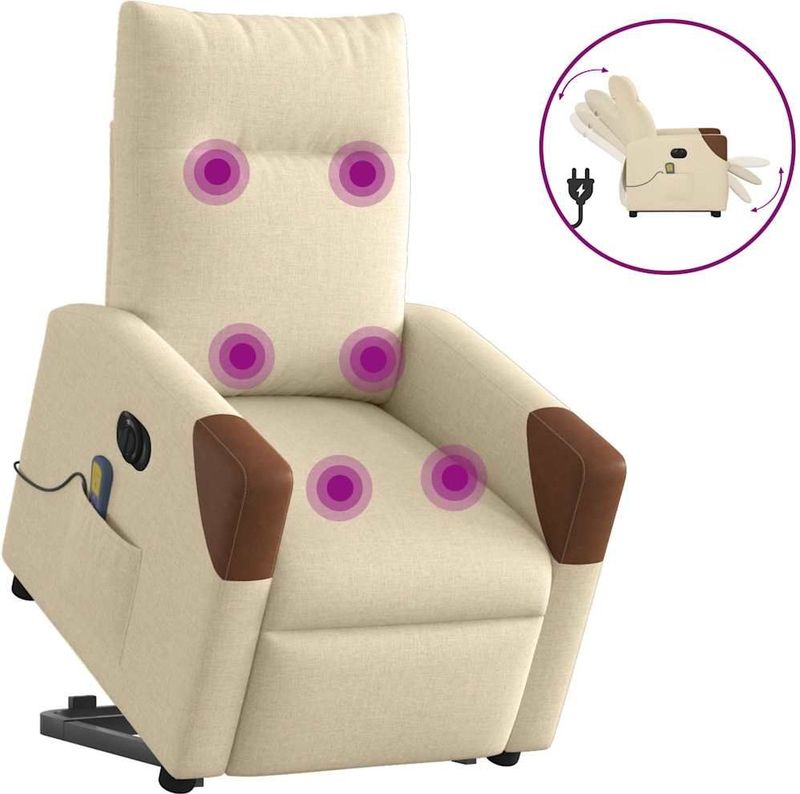 vidaXL Elektrischer Massagesessel mit Aufstehhilfe Creme Stoff