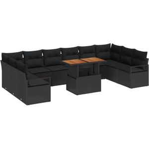 vidaXL 11-teiliges Garten Sofaset mit Kissen Schwarz Poly Rattan Akazie,  2-Sitzer Garten Sofa mit Kissen Schwarz Poly Rattan