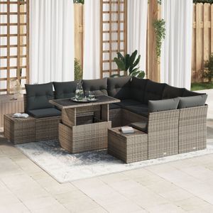 vidaXL 9-teilige Gartensofa-Garnitur mit Kissen Grau Poly Rattan