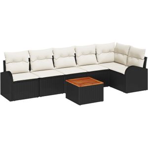 vidaXL 7-teiliges Garten-Sofa-Set mit Kissen Schwarzes Poly-Rattan Akazie,  2-Sitzer Garten-Sofa mit Stauraum & Kissen Schwarz Poly-Rattan
