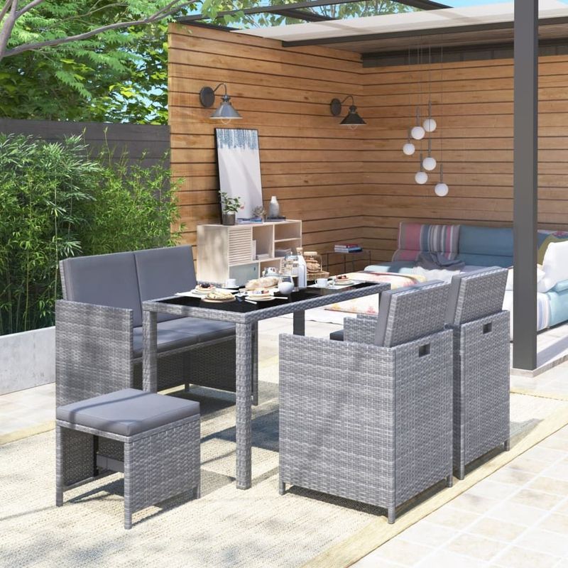 vidaXL 6-tlg. Garten-Essgruppe mit Auflagen Poly Rattan Grau
