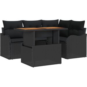 vidaXL 5-teiliges Garten Sofaset mit Kissen Schwarzes Poly Rattan Akazie,  2-Sitzer Garten Sofa mit Kissen Schwarzes Poly Rattan