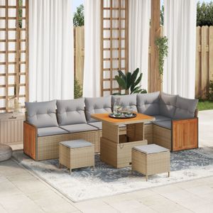 vidaXL 9-teiliges Garten-Sofa-Set mit Kissen in Beige, Poly Rattan, Akazienholz,  3-teiliges Garten-Ess-Set mit Kissen in Beige, Poly Rattan, Akazienholz