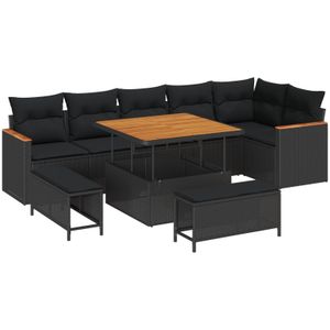 vidaXL 9-teiliges Garten-Sofa-Set mit Kissen Schwarz Poly-Rattan Akazie,  3-teiliges Garten-Dining-Set mit Kissen Schwarz Poly-Rattan Akazie