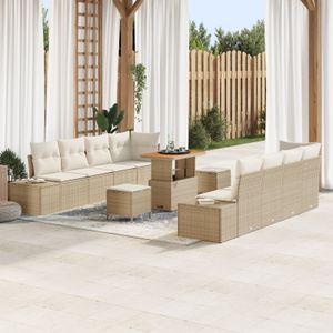 vidaXL 11-teiliges Garten-Sofa-Set mit Kissen Beige Poly Rattan Akazie,  2-Sitzer Garten-Sofa mit Stauraum & Kissen Beige Poly Rattan,  3-teiliges Garten-Ess-Set mit Kissen Beige Poly Rattan Akazie