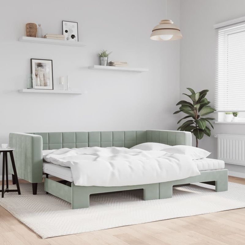 vidaXL Tagesbett Ausziehbar mit Matratzen Hellgrau 90x200 cm Samt