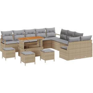 vidaXL 14-teiliges Gartensofa-Set mit Kissen Beige Poly-Rattan Akazie,  2-Sitzer Gartensofa mit Stauraum & Kissen Beige Poly-Rattan,  4-teiliges Essgruppen-Set mit Kissen Beige Poly-Rattan Akazie