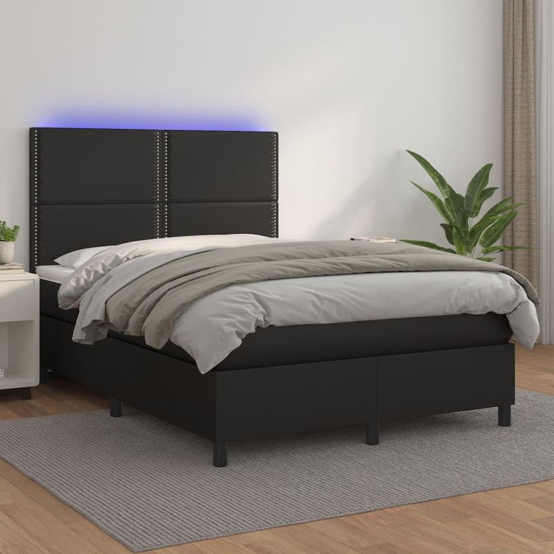 vidaXL Boxspringbett mit Matratze & LED Schwarz 140x190 cm Kunstleder