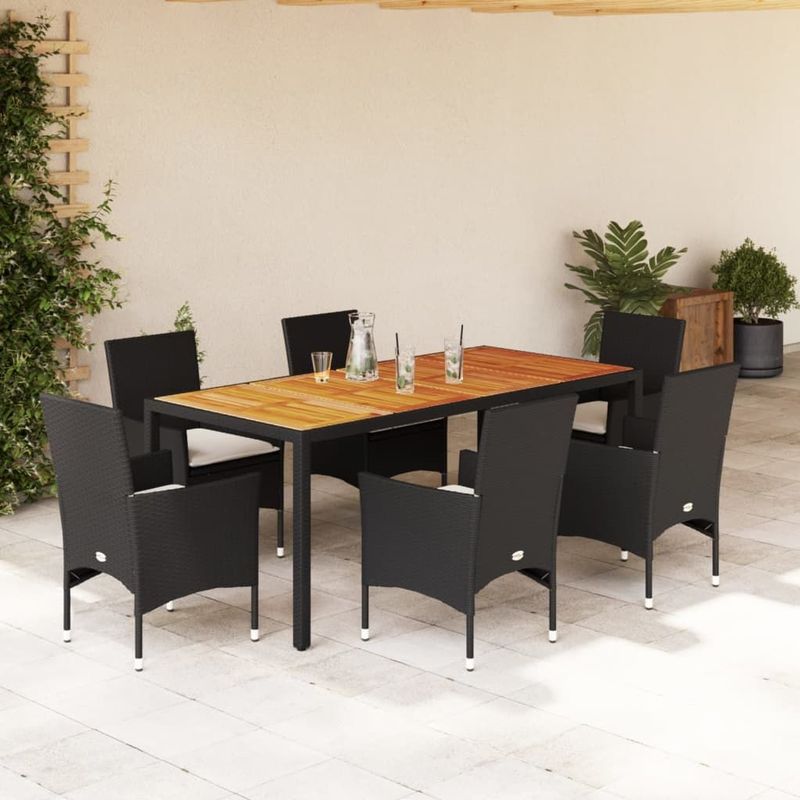 vidaXL 7-tlg. Garten-Essgruppe mit Kissen Schwarz Poly Rattan Akazie