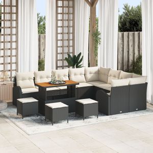 vidaXL 12-teiliges Garten Sofa Set mit Kissen Schwarz Poly Rattan Akazie,  3-teiliges Garten Esszimmer Set mit Kissen Schwarz Poly Rattan Akazie,  2-Sitzer Garten Sofa mit Kissen Schwarz Poly Rattan