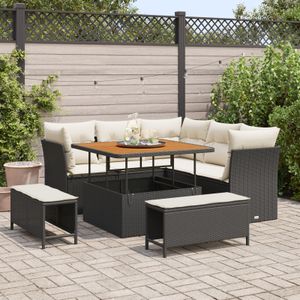 vidaXL 8-teiliges Garten Sofa Set mit Kissen Schwarz Poly Rattan Akazie,  3-teiliges Garten Esszimmer Set mit Kissen Schwarz Poly Rattan Akazie