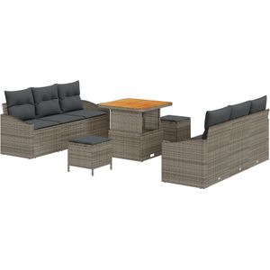 vidaXL 9-teiliges Garten-Sofa-Set mit Kissen Grau Poly Rattan Akazie,  2-Sitzer Garten-Sofa mit Stauraum & Kissen Grau Poly Rattan,  3-teiliges Garten-Ess-Set mit Kissen Grau Poly Rattan Akazie