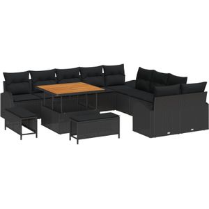 vidaXL 13-teiliges Garten-Sofa-Set mit Kissen in Schwarz Poly-Rattan Akazie,  2-Sitzer Garten-Sofa mit Kissen in Schwarz Poly-Rattan,  3-teiliges Garten-Essensemble mit Kissen in Schwarz Poly-Rattan Akazie
