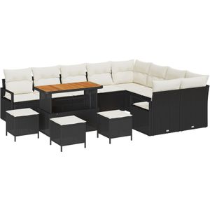 vidaXL 13-teiliges Garten Sofa Set mit Kissen Schwarz Poly Rattan Akazie,  2-Sitzer Garten Sofa mit Stauraum & Kissen Schwarz Poly Rattan,  4-teiliges Garten Essset mit Kissen Schwarz Poly Rattan Akazie