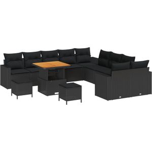 vidaXL 13-teiliges Garten-Sofa-Set mit Kissen Schwarz Poly Rattan Akazie,  3-teiliges Garten-Esszimmer-Set mit Kissen Schwarz Poly Rattan Akazie