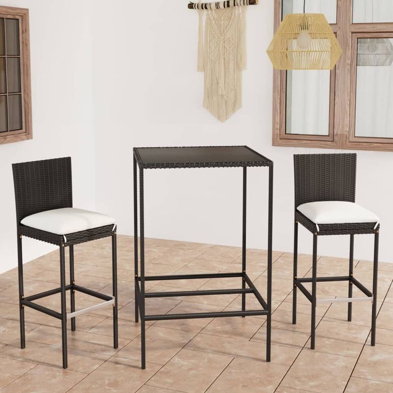 vidaXL 3-tlg. Gartenbar-Set mit Kissen Poly Rattan Schwarz