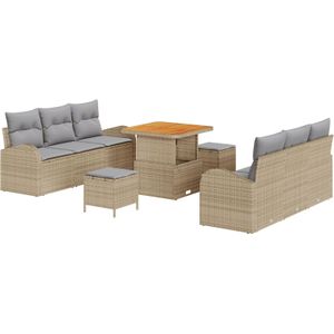 vidaXL 9-teiliges Garten Sofa Set mit Kissen Beige Poly Rattan Akazie,  2-Sitzer Garten Sofa mit Stauraum & Kissen Beige Poly Rattan,  3-teiliges Garten Esstisch Set mit Kissen Beige Poly Rattan Akazie