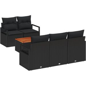 vidaXL 6-teiliges Garten-Sofa-Set mit Kissen Schwarz Poly Rattan Akazie,  2-Sitzer Garten-Sofa mit Stauraum & Kissen Schwarz Poly Rattan