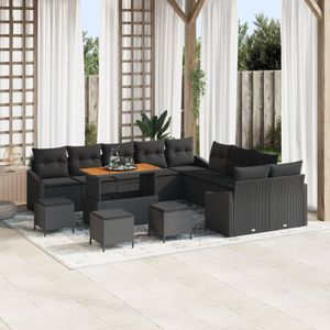 vidaXL 14-teiliges Garten-Sofa-Set mit Kissen Schwarz Poly-Rattan Akazie,  2-Sitzer Garten-Sofa mit Stauraum & Kissen Schwarz Poly-Rattan,  4-teiliges Garten-Dining-Set mit Kissen Schwarz Poly-Rattan Akazie
