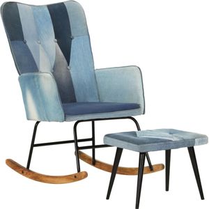 vidaXL Schaukelstuhl mit Fußhocker Blau Denim Patchwork Canvas